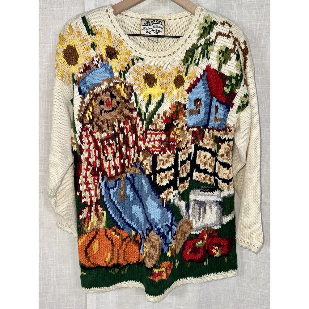 1995 Vtg Heirloom Collectibles Scarecrow PUMPKINS Women's M Sweater Fall Autumn
